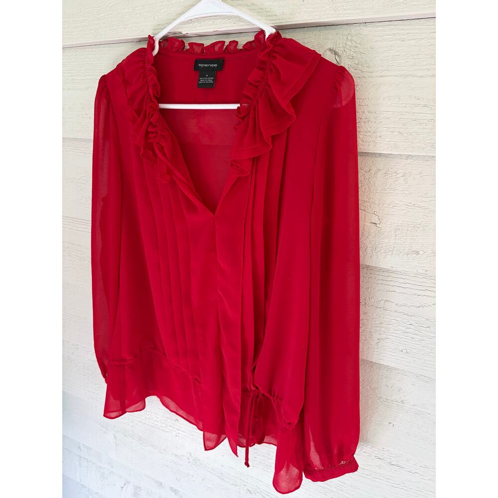 Spense Red Sheer Ruffle Blouse Size Medium Romantic Long Sleeve Tie Front Top - Picture 3 of 7